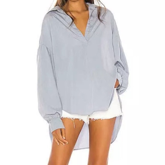 Free People Love Until Tomorrow Hi-Lo Collared Blouse Plunge Neck Line Size L - Picture 1 of 8
